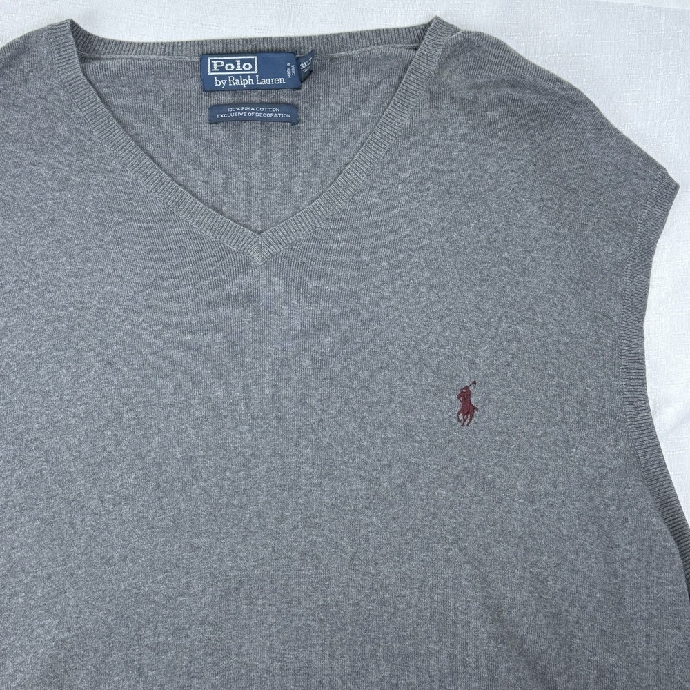 VTG Polo Ralph Lauren Men's V-Neck Sweater Vest 100% Pima Grey 3XLT Tall